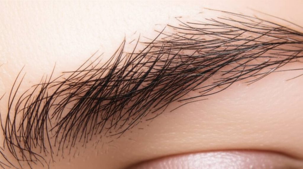 ریزش مو بعد از کاشت ابرو: نمای نزدیک فولیکول ها و تفاوت موهای جدید با موهای در حال ریزش.