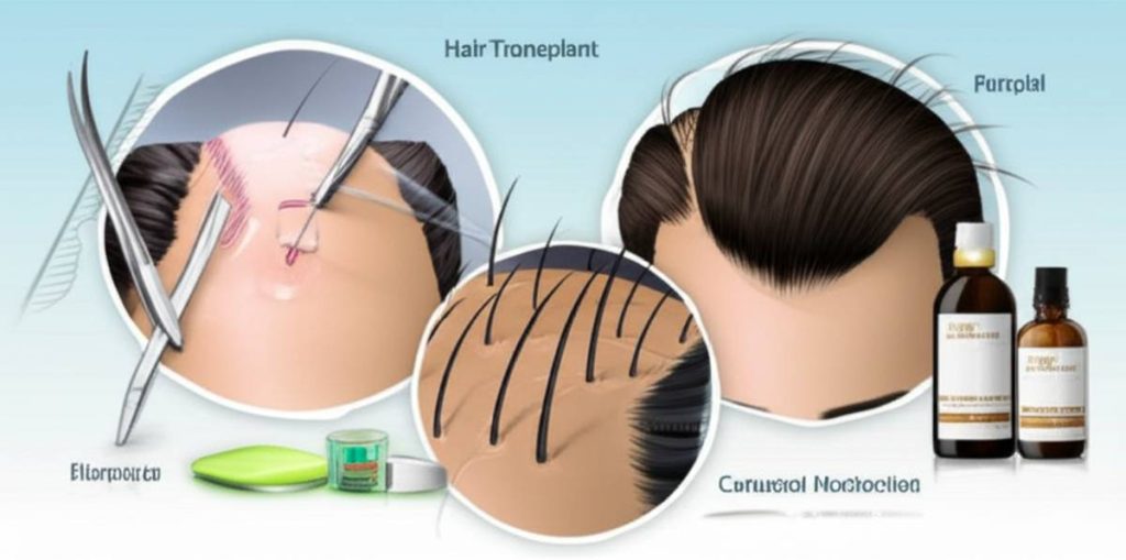 تصویر پزشکی دقیق از جراحی کاشت مو و روشهای غیرجراحی ترمیم مو با نمایش پوست سر و تجهیزات کلینیکی مدرن